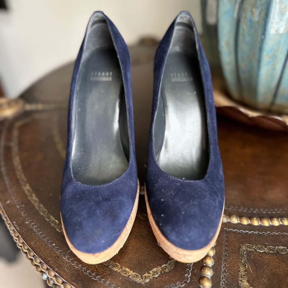 Stuart Weitzman Navy Blue Suede Corkswoon Wedge Pumps
